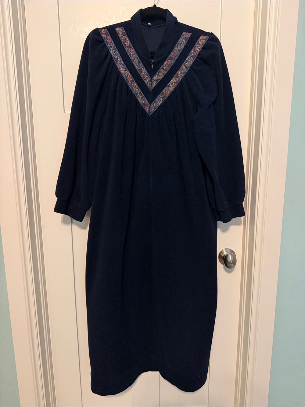 Vintage 70s Velour Navy Long Sleeve Women’s House Dress House Coat